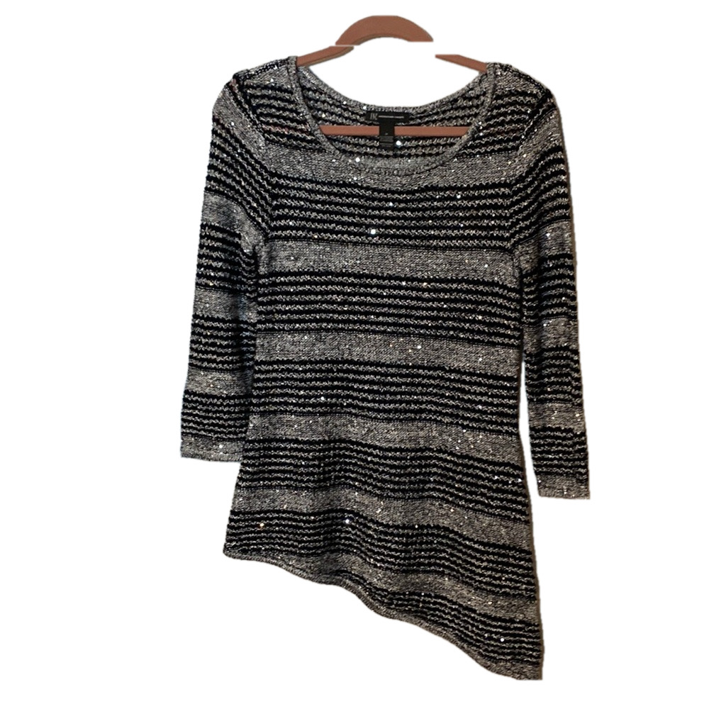 2/$18 INC black and silver open weave asymmetrical sweater with sequins